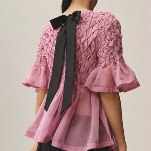 Anthropologie Maeve Short-Sleeve Rhinestone Sheer Babydoll Blouse M